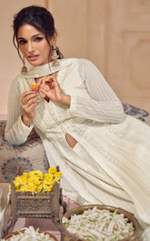 White Pure Georgette designer dress skirt style with detailed embroidery
